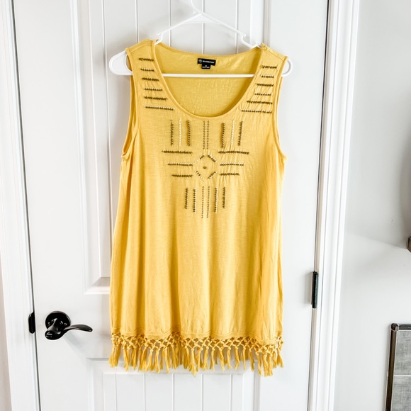 New Directions Yellow Embroidered Beaded Fringe Tank Top Size Medium - Picture 1 of 7